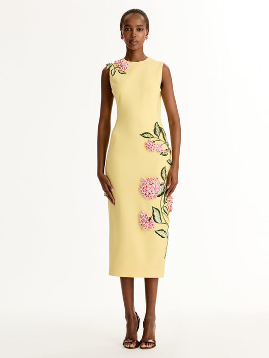 Yellow Porcelain Flower Embroidered Dress featuring a sleeveless silhouette and 3D pink and green floral embroidery. Front View.