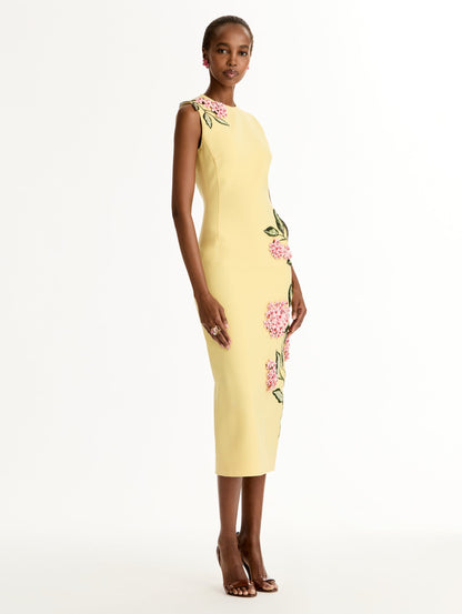 Yellow Porcelain Flower Embroidered Dress featuring a sleeveless silhouette and 3D pink and green floral embroidery. Side View.