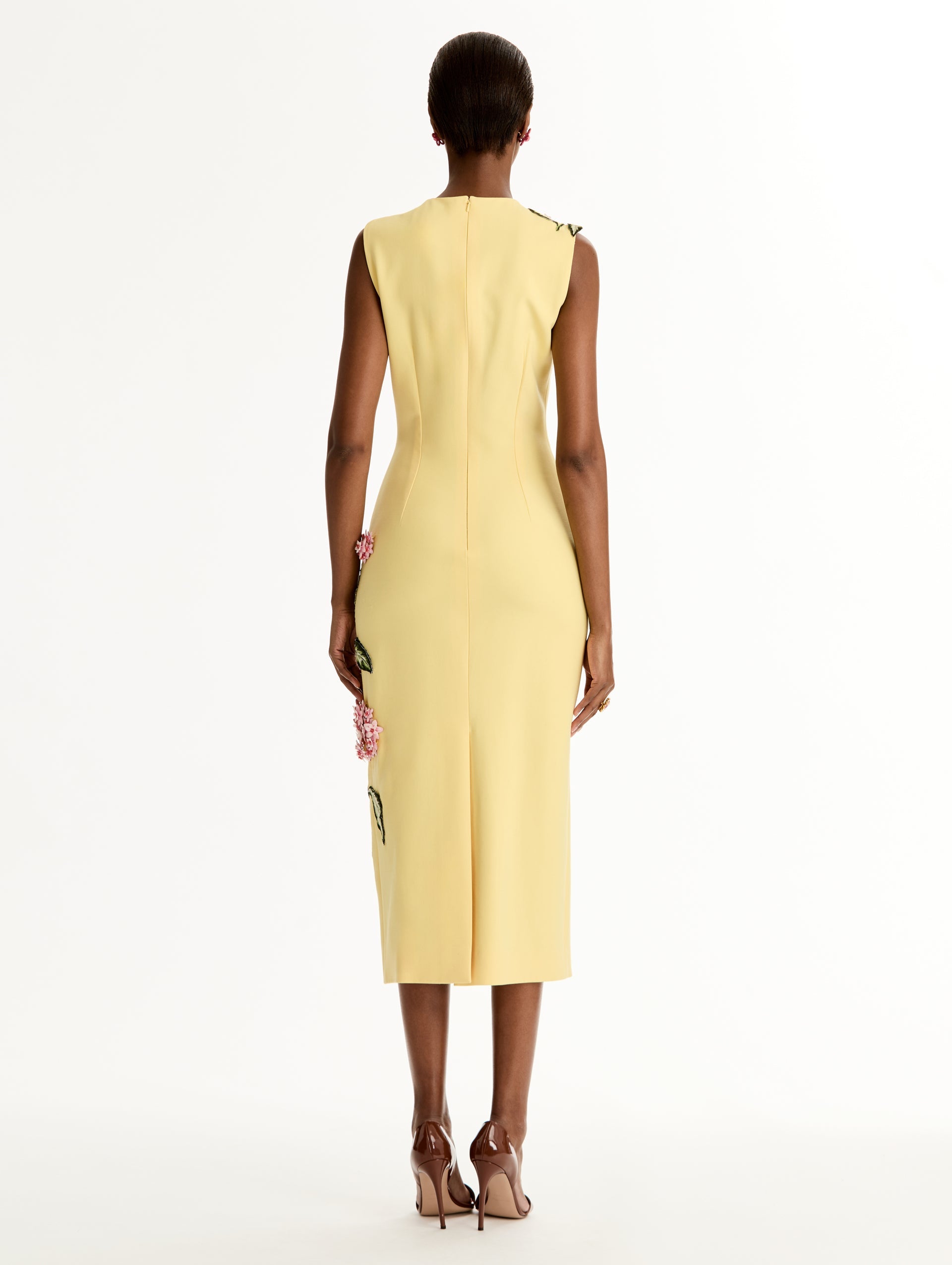 Yellow Porcelain Flower Embroidered Dress featuring a sleeveless silhouette and 3D pink and green floral embroidery. Back View.