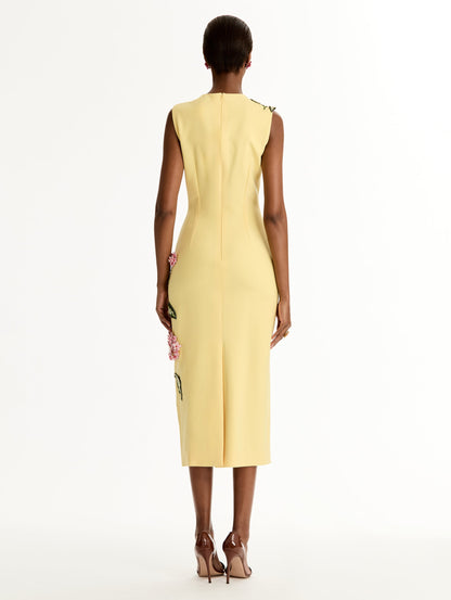 Yellow Porcelain Flower Embroidered Dress featuring a sleeveless silhouette and 3D pink and green floral embroidery. Back View.