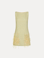 Mini shift dress with straight bateau neckline in an oatmeal, green, yellow, and brown gingham print. Featuring feather embroidery skirt.