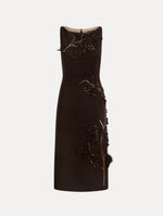 Dark Brown Porcelain Flower Cutout Dress with a bateau neckline and a midi hemline. Front View.