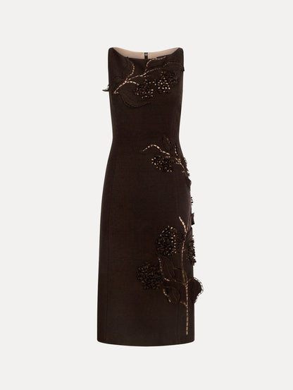 Dark Brown Porcelain Flower Cutout Dress with a bateau neckline and a midi hemline. Front View.