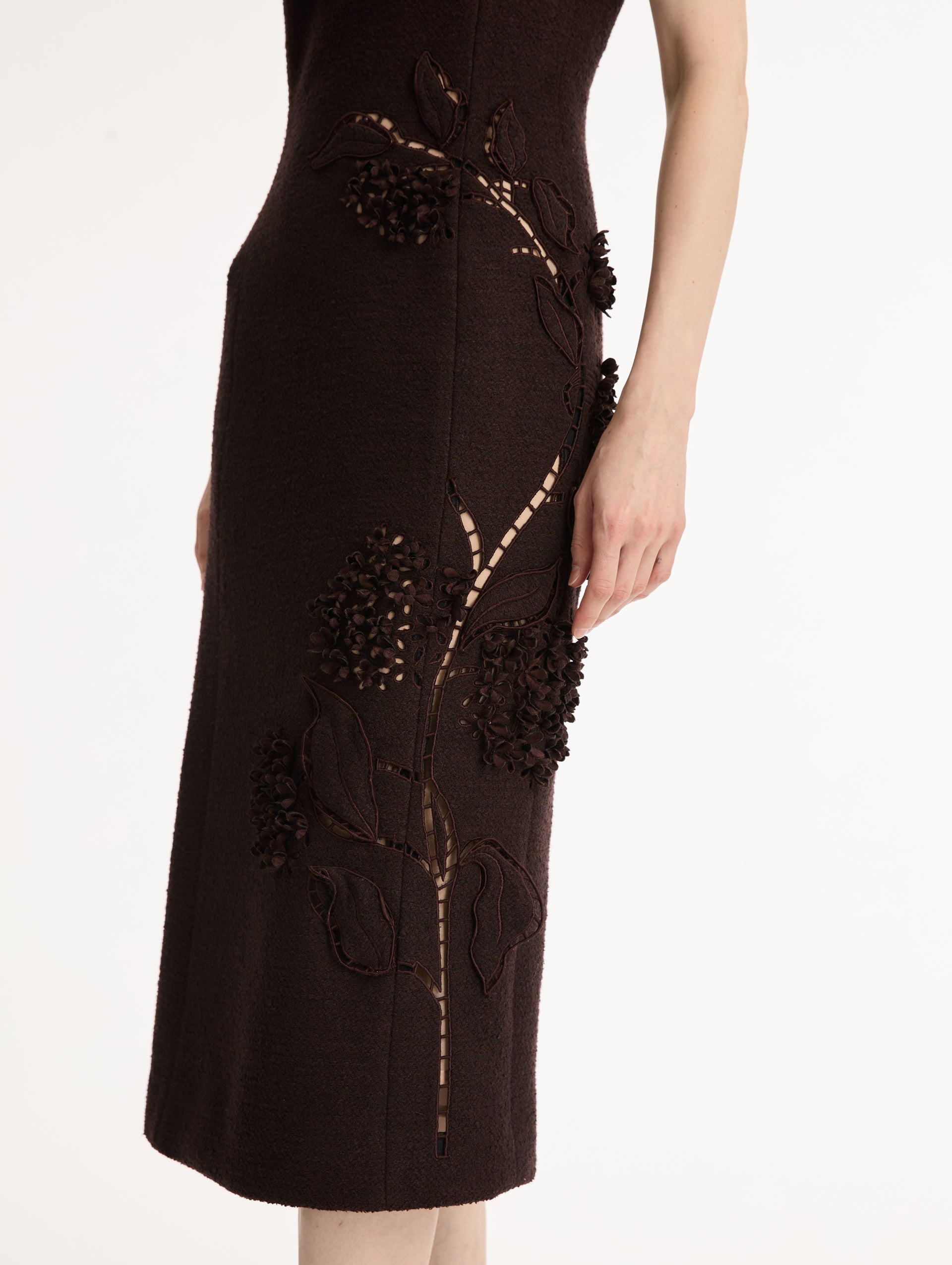 Dark Brown Porcelain Flower Cutout Dress with a bateau neckline and a midi hemline. Zoom View.