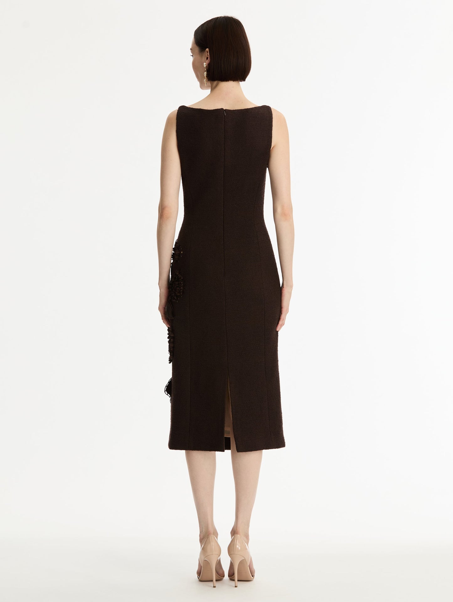 Dark Brown Porcelain Flower Cutout Dress with a bateau neckline and a midi hemline. Back View.