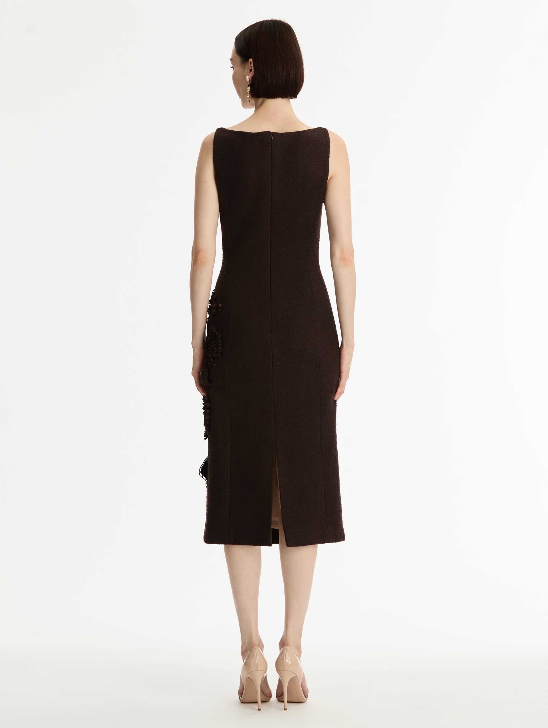 Dark Brown Porcelain Flower Cutout Dress with a bateau neckline and a midi hemline. Back View.