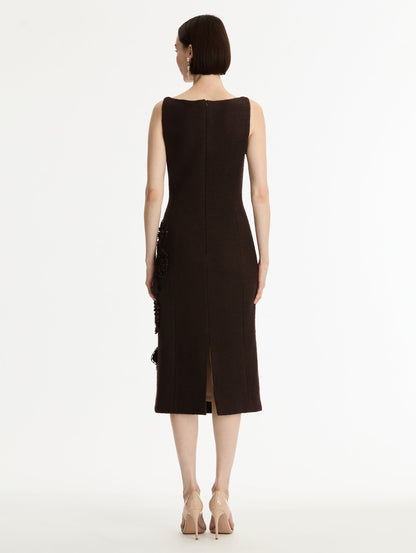 Dark Brown Porcelain Flower Cutout Dress with a bateau neckline and a midi hemline. Back View.