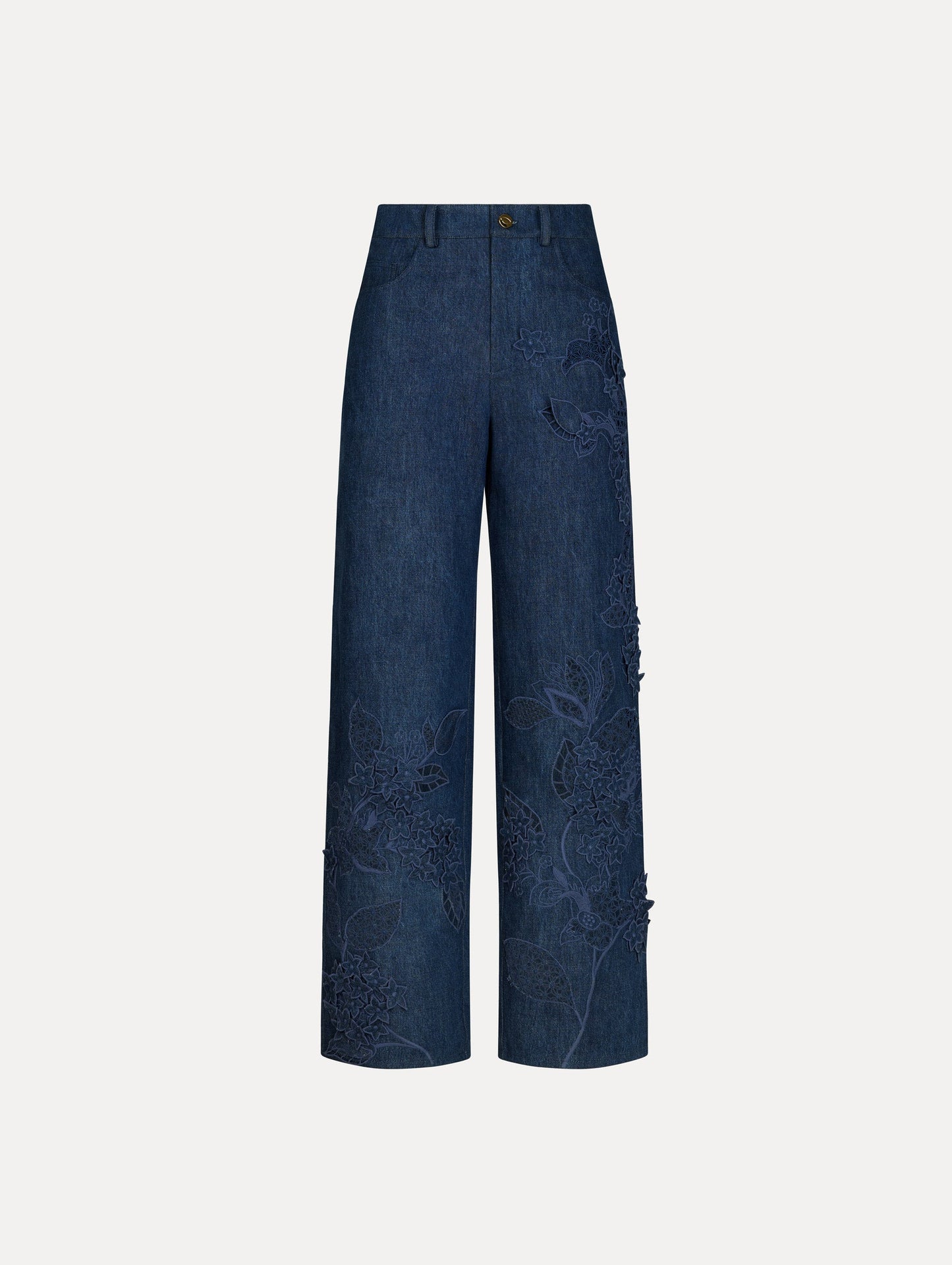 Pants in a Denim, Navy Blue color with button closure, belt loops, and lace floral detail.