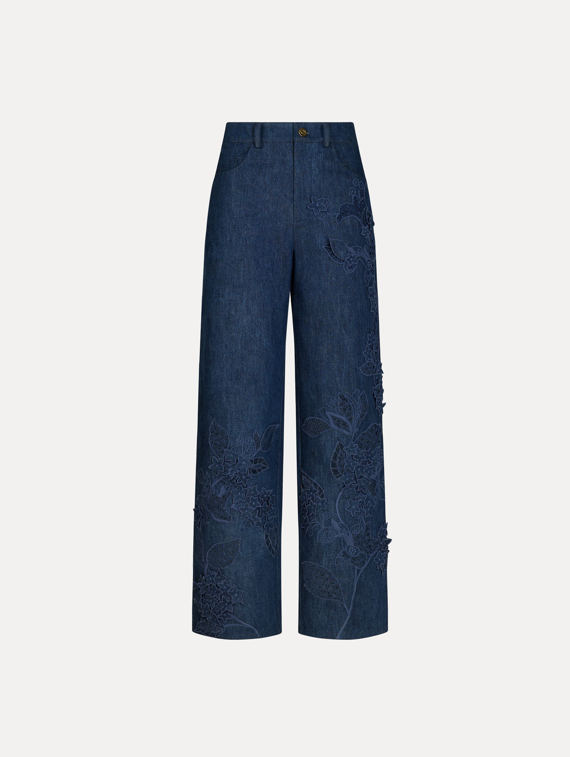Pants in a Denim, Navy Blue color with button closure, belt loops, and lace floral detail.
