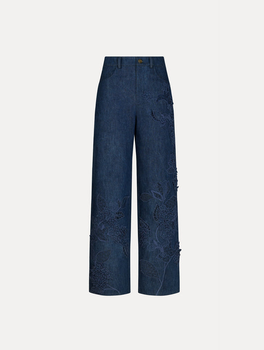 Pants in a Denim, Navy Blue color with button closure, belt loops, and lace floral detail.