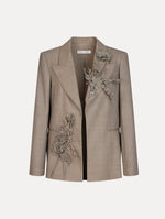 Beige Jacket with classic collar, front pockets, long sleeves, and statement 3-dimensional flower detail.