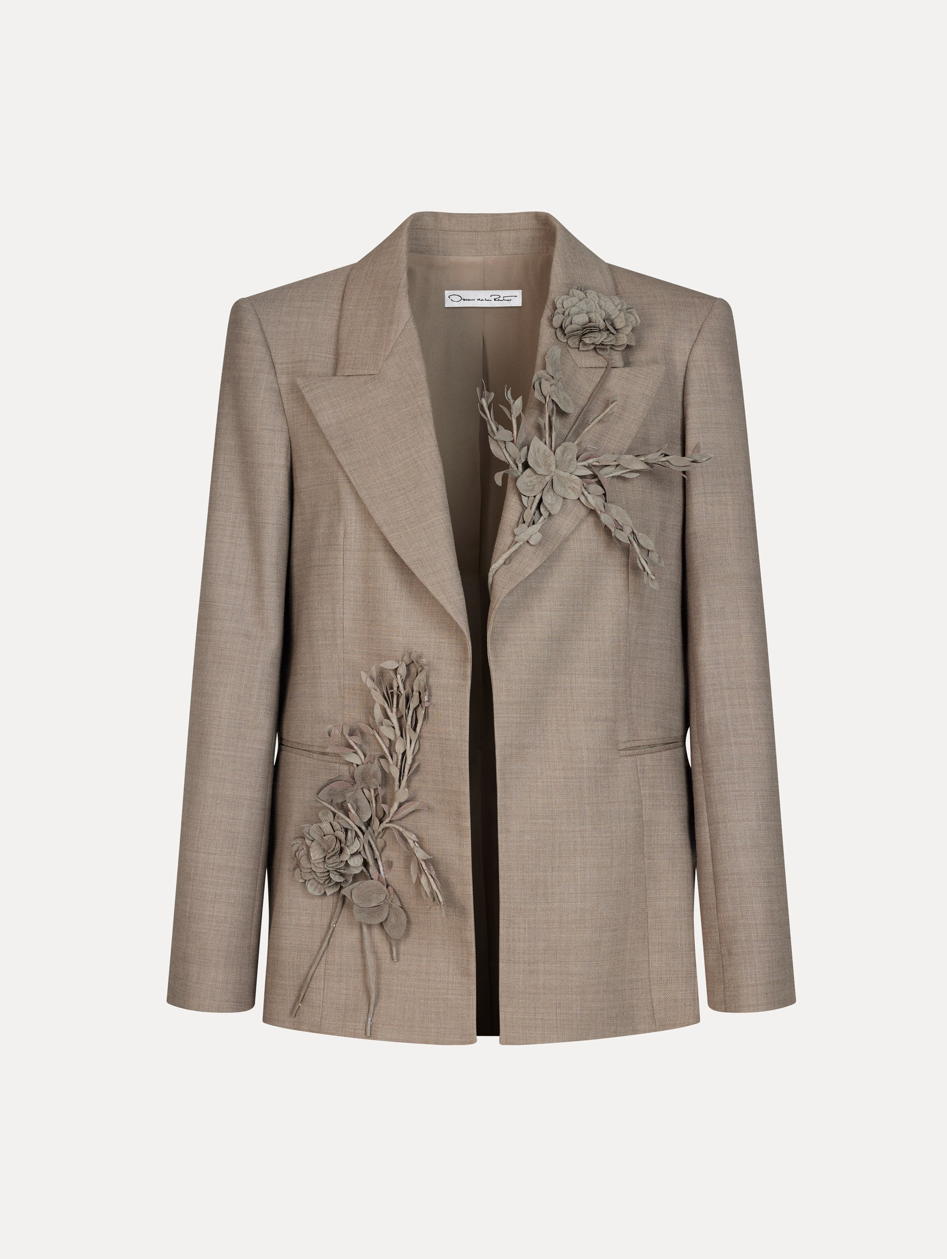 Beige Jacket with classic collar, front pockets, long sleeves, and statement 3-dimensional flower detail.
