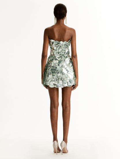 Metallic Green Geometric Sequin Rosette Mini Dress with 3D floral applique and strapless neckline. Back View.