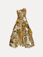 Gold Geometric Sequin Rosette Cocktail Dress with 3D floral applique and metallic finish. Front View.