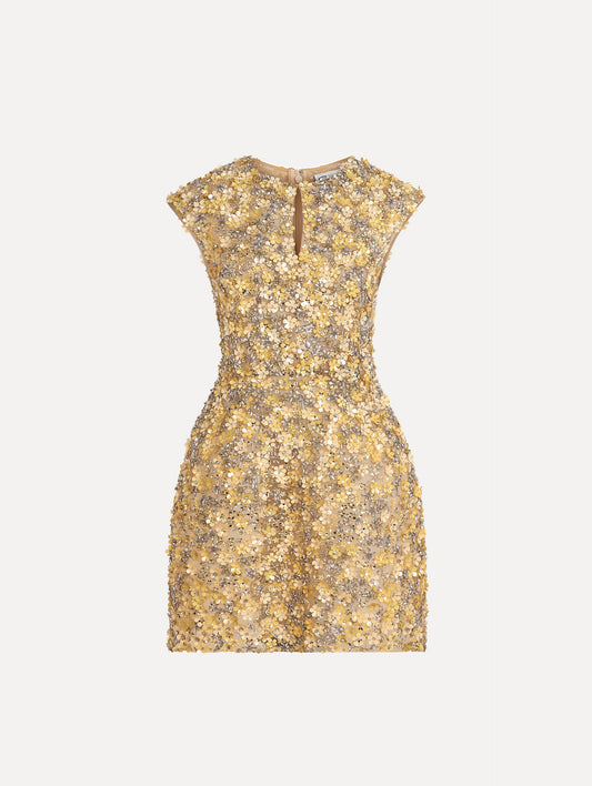 Porcelain Flower Embroidered Cap-Sleeve Dress