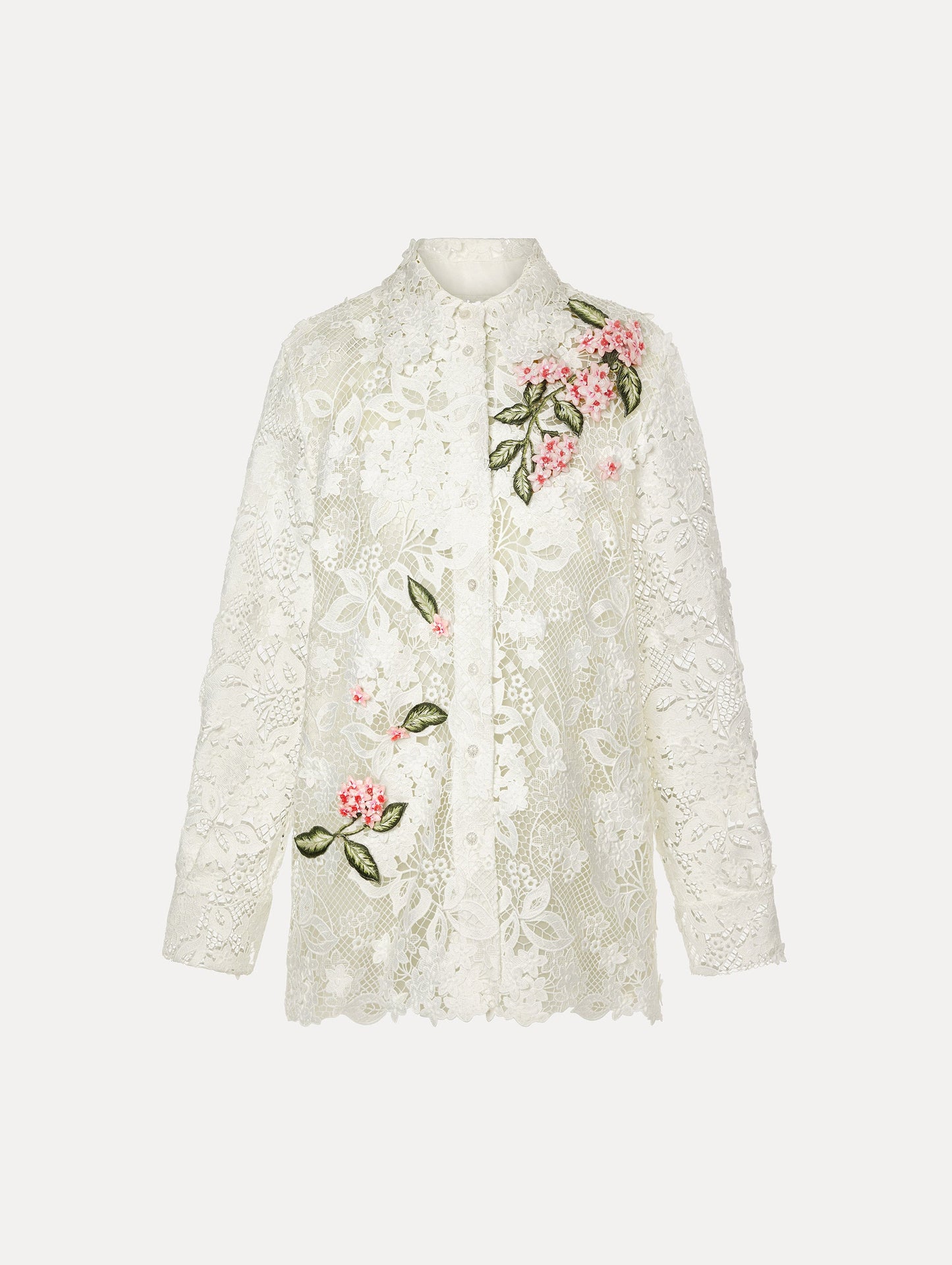 Long Sleeve, Button Up Blouse with Delicate guipure lace and intricate porcelain flower embroidery. White with pink florals. Front View.