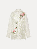 Long Sleeve, Button Up Blouse with Delicate guipure lace and intricate porcelain flower embroidery. White with pink florals. Front View.