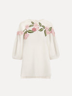 Porcelain Flower Embroidered Illusion Blouse in Ivory. Front view.