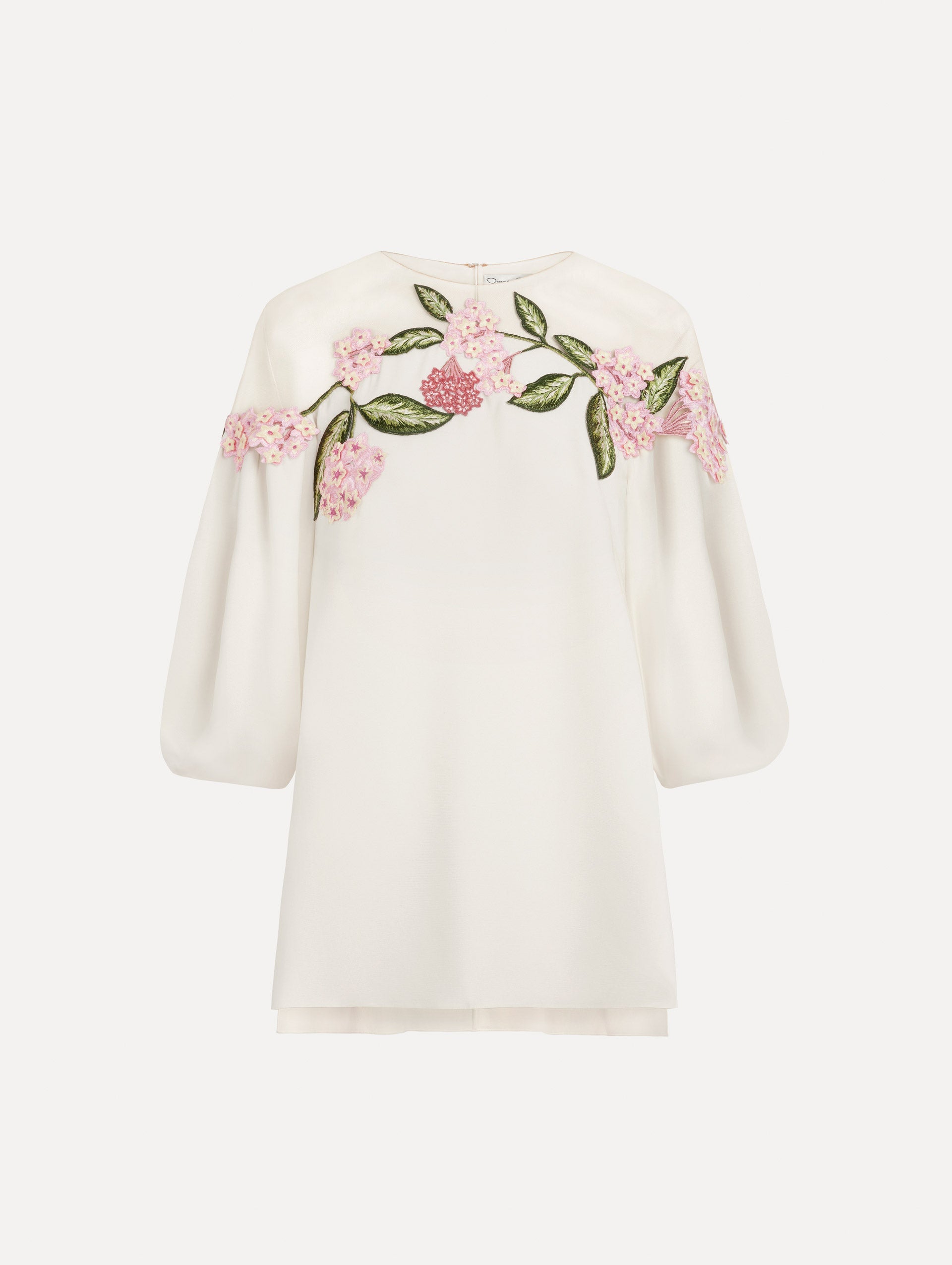 Porcelain Flower Embroidered Illusion Blouse in Ivory. Front view.