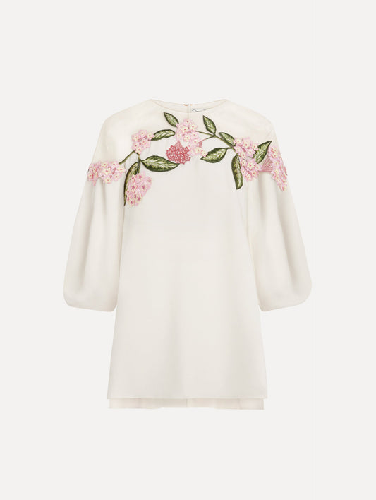 Porcelain Flower Embroidered Illusion Blouse in Ivory. Front view.