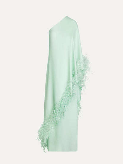 One-shoulder caftan with point d’esprit feather embroidery. Front View.
