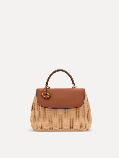 The Mini Poppy in Wicker in brown. Front view.