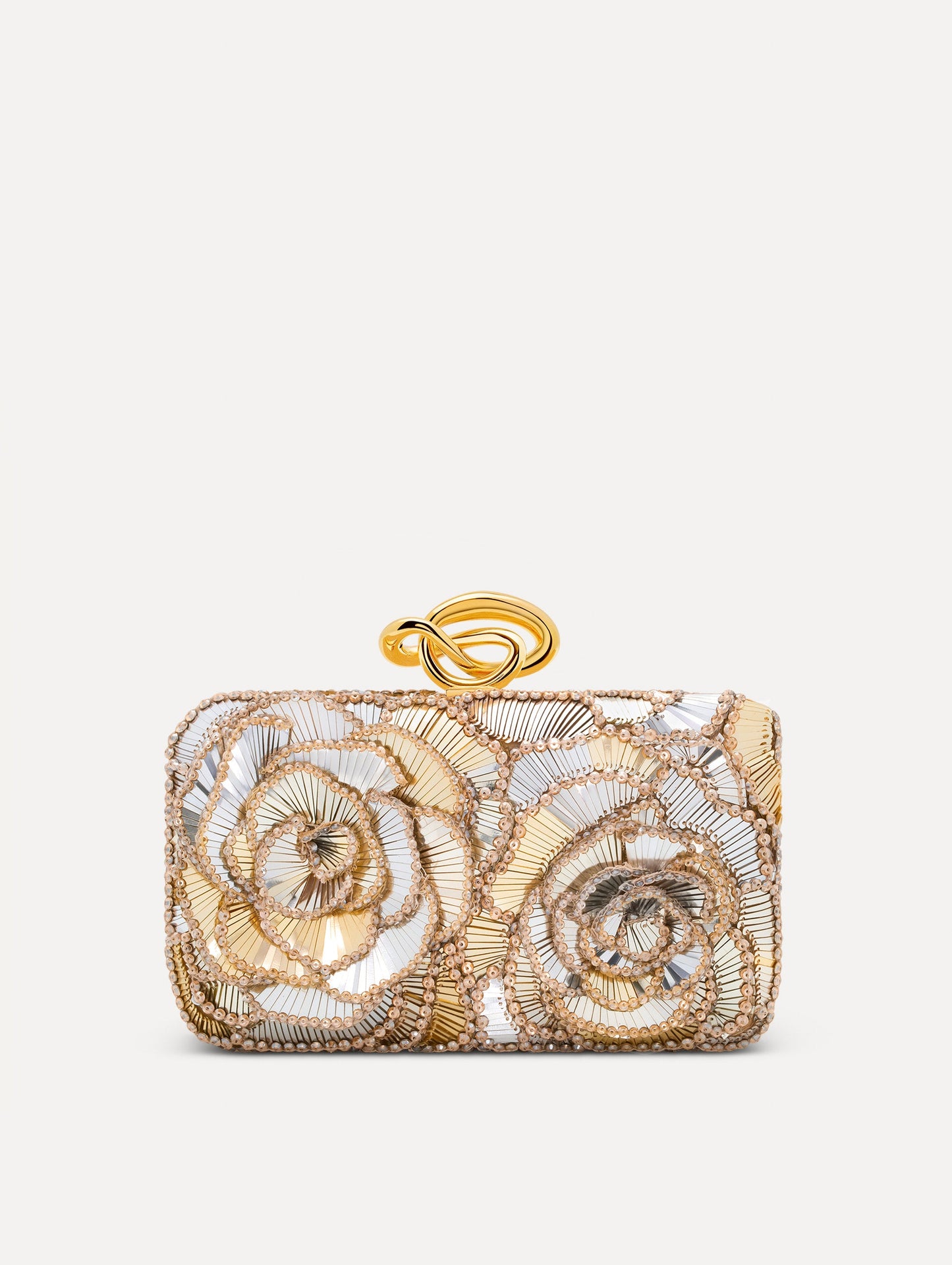 Silver Crystal Pavé Knot Minaudière with gold hardware and an O motif clasp. Front View.