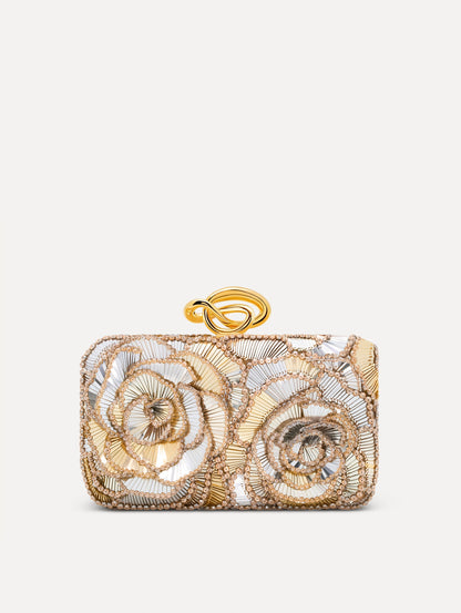 Silver Crystal Pavé Knot Minaudière with gold hardware and an O motif clasp. Front View.