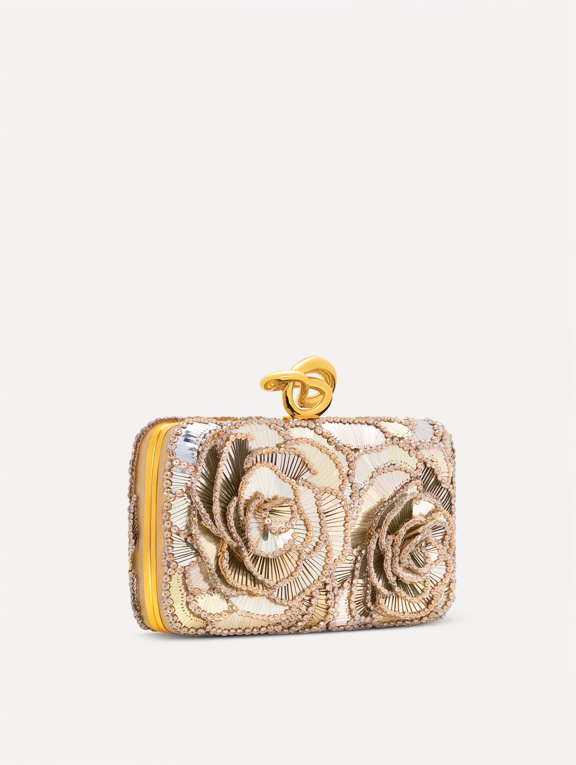 Silver Crystal Pavé Knot Minaudière with gold hardware and an O motif clasp. Side View.