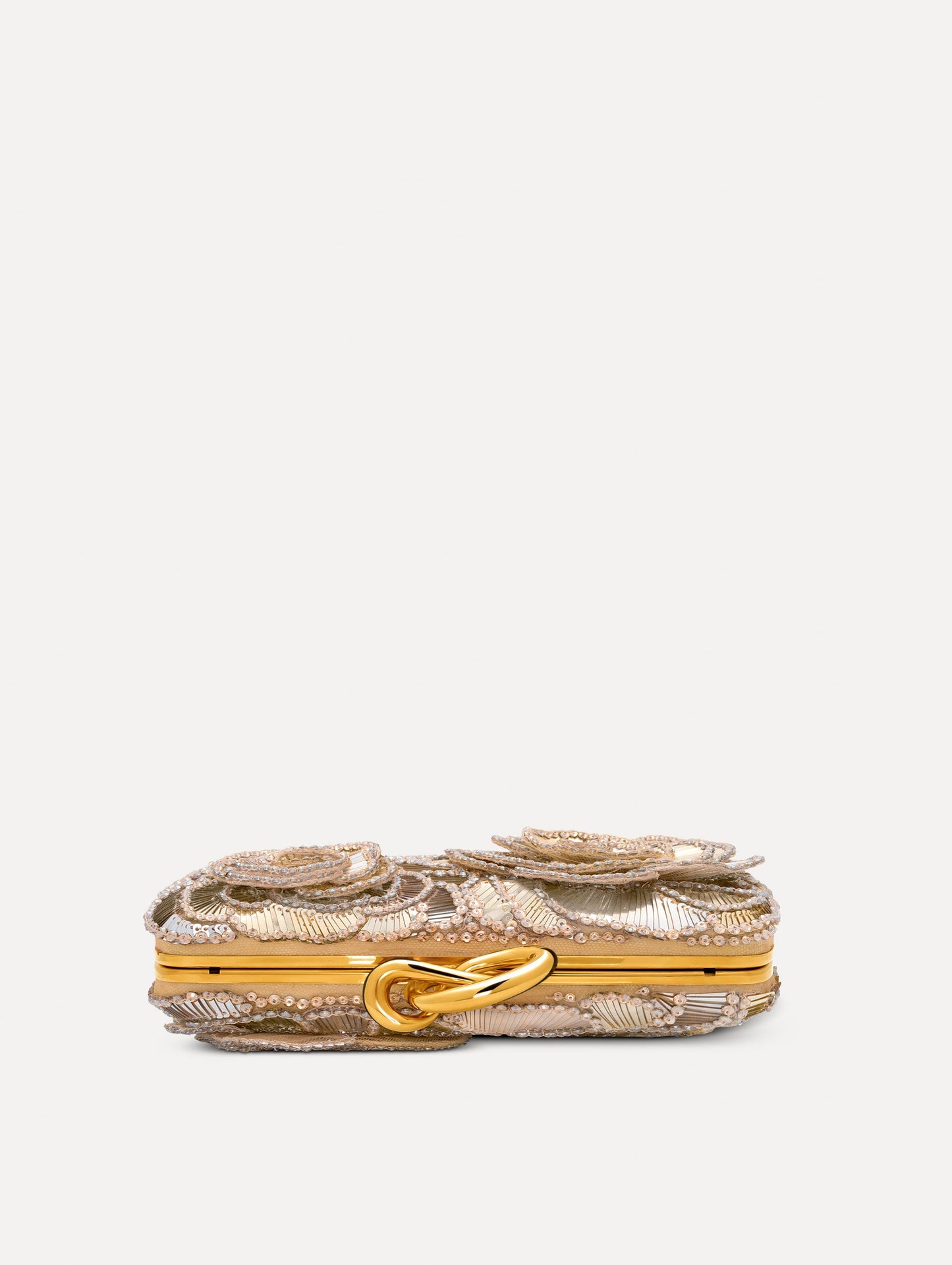 Silver Crystal Pavé Knot Minaudière with gold hardware and an O motif clasp. Side View.