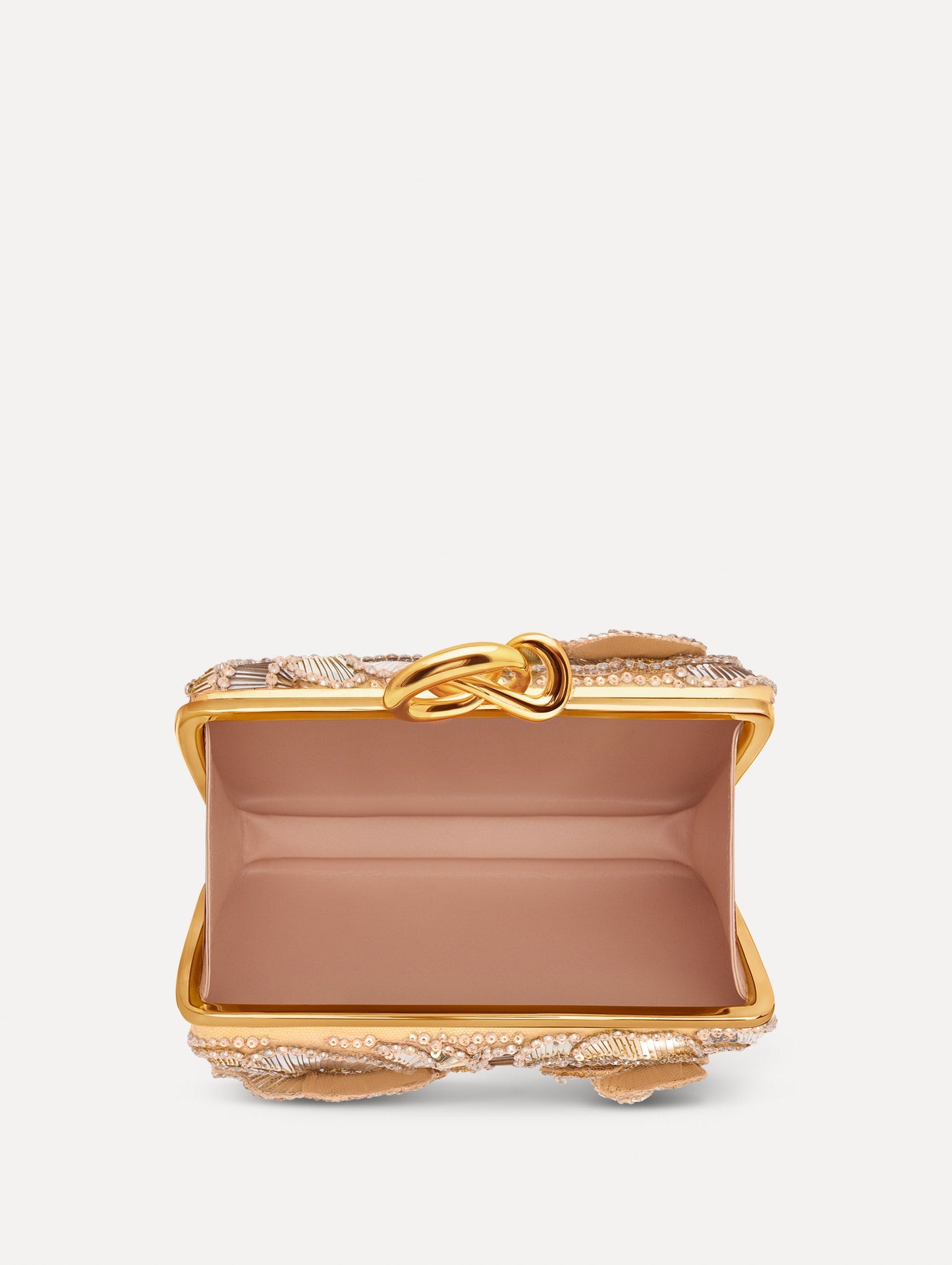Silver Crystal Pavé Knot Minaudière with gold hardware and an O motif clasp. Open View.