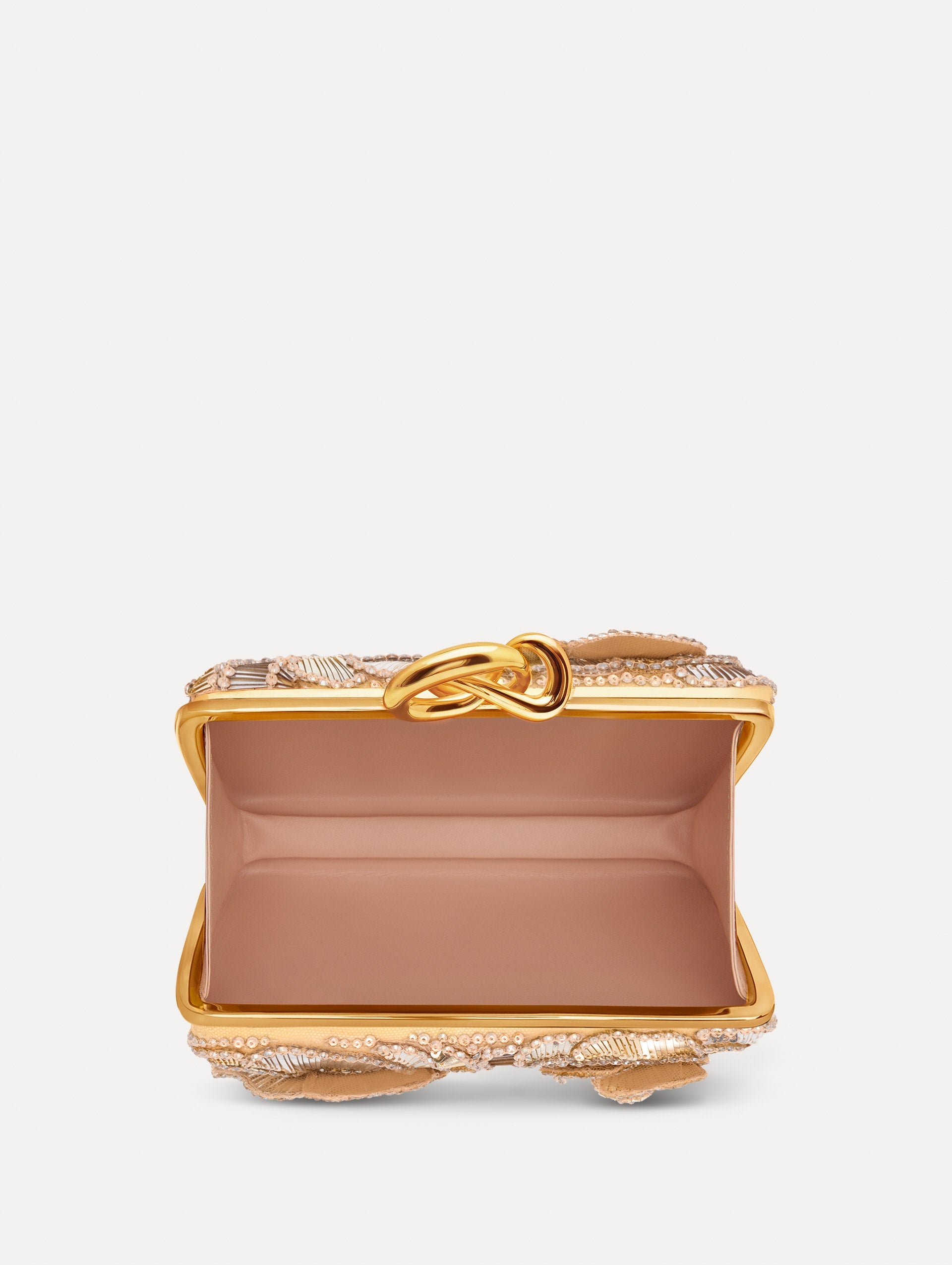 Silver Crystal Pavé Knot Minaudière with gold hardware and an O motif clasp. Open View.