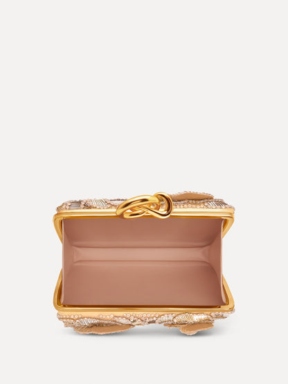 Silver Crystal Pavé Knot Minaudière with gold hardware and an O motif clasp. Open View.