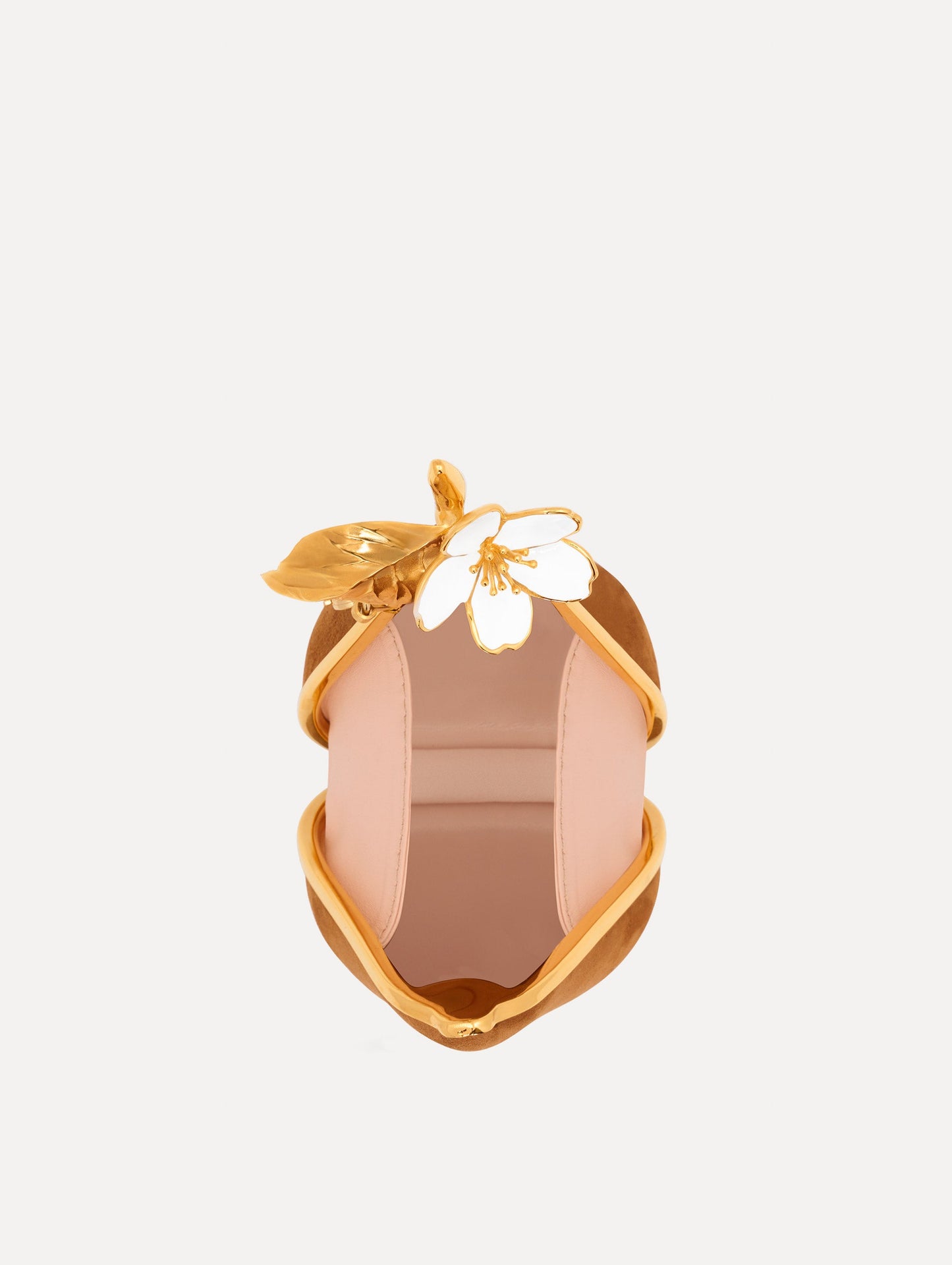 Brown Pear Minaudière in Suede with gold hardware and an Oscar de la Renta branded sticker. Open View.