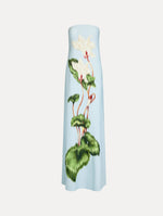 Strapless Floor Length Gown in Pale Blue with trapeze silhouette. Chiné Cyclamen motif blooms with blurred edges. Front View.