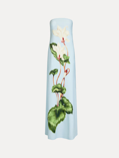 Strapless Floor Length Gown in Pale Blue with trapeze silhouette. Chiné Cyclamen motif blooms with blurred edges. Front View.