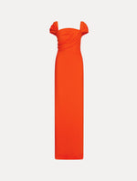 Draped-Detailed Cady Gown in the color Coquelicot Red with cap sleeves, sculptured draping, and column silhouette.