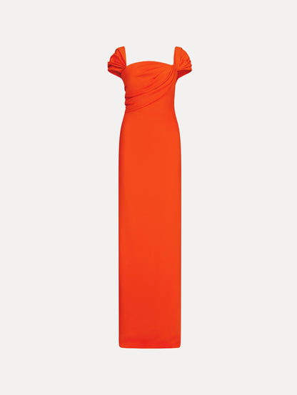 Draped-Detailed Cady Gown in the color Coquelicot Red with cap sleeves, sculptured draping, and column silhouette.