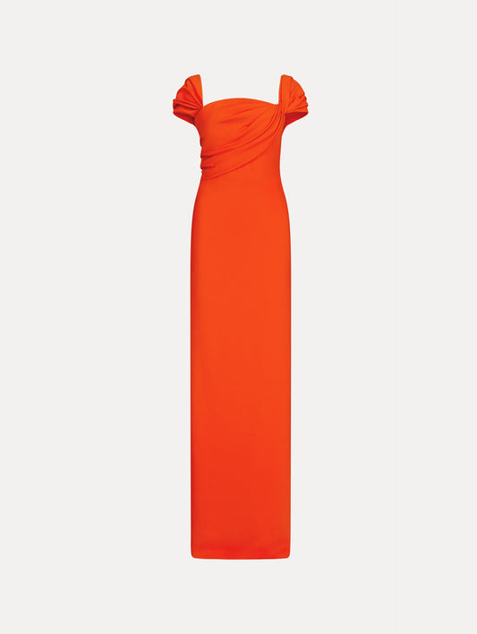 Draped-Detailed Cady Gown in the color Coquelicot Red with cap sleeves, sculptured draping, and column silhouette.