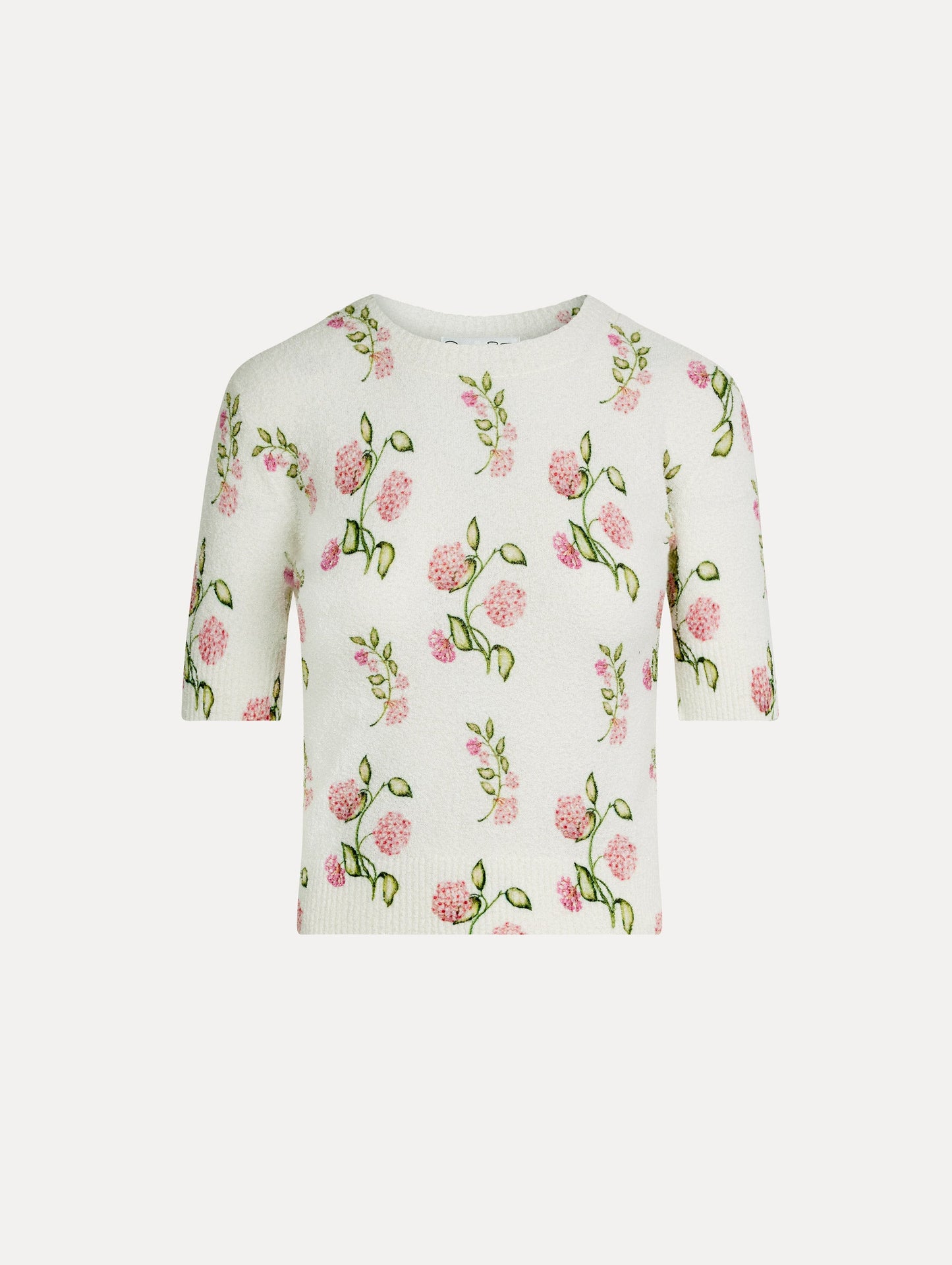 Porcelain Flower-Printed Embroidered White, Crew Neck Pullover. Front View.