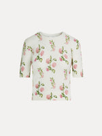 Porcelain Flower-Printed Embroidered White, Crew Neck Pullover. Front View.