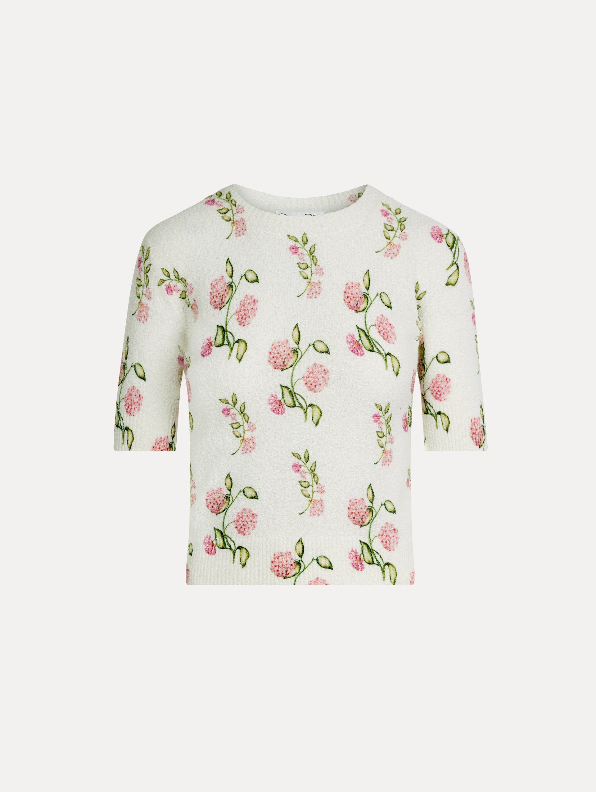 Porcelain Flower-Printed Embroidered White, Crew Neck Pullover. Front View.