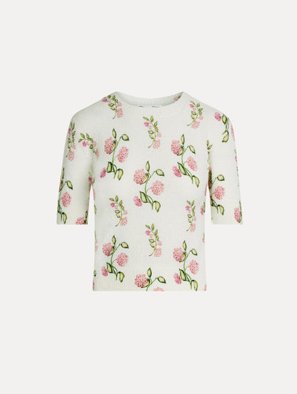 Porcelain Flower-Printed Embroidered White, Crew Neck Pullover. Front View.