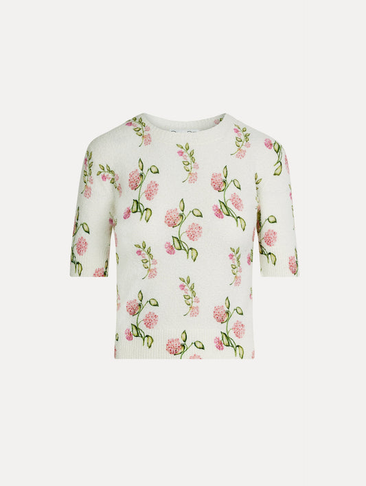 Porcelain Flower-Printed Embroidered White, Crew Neck Pullover. Front View.
