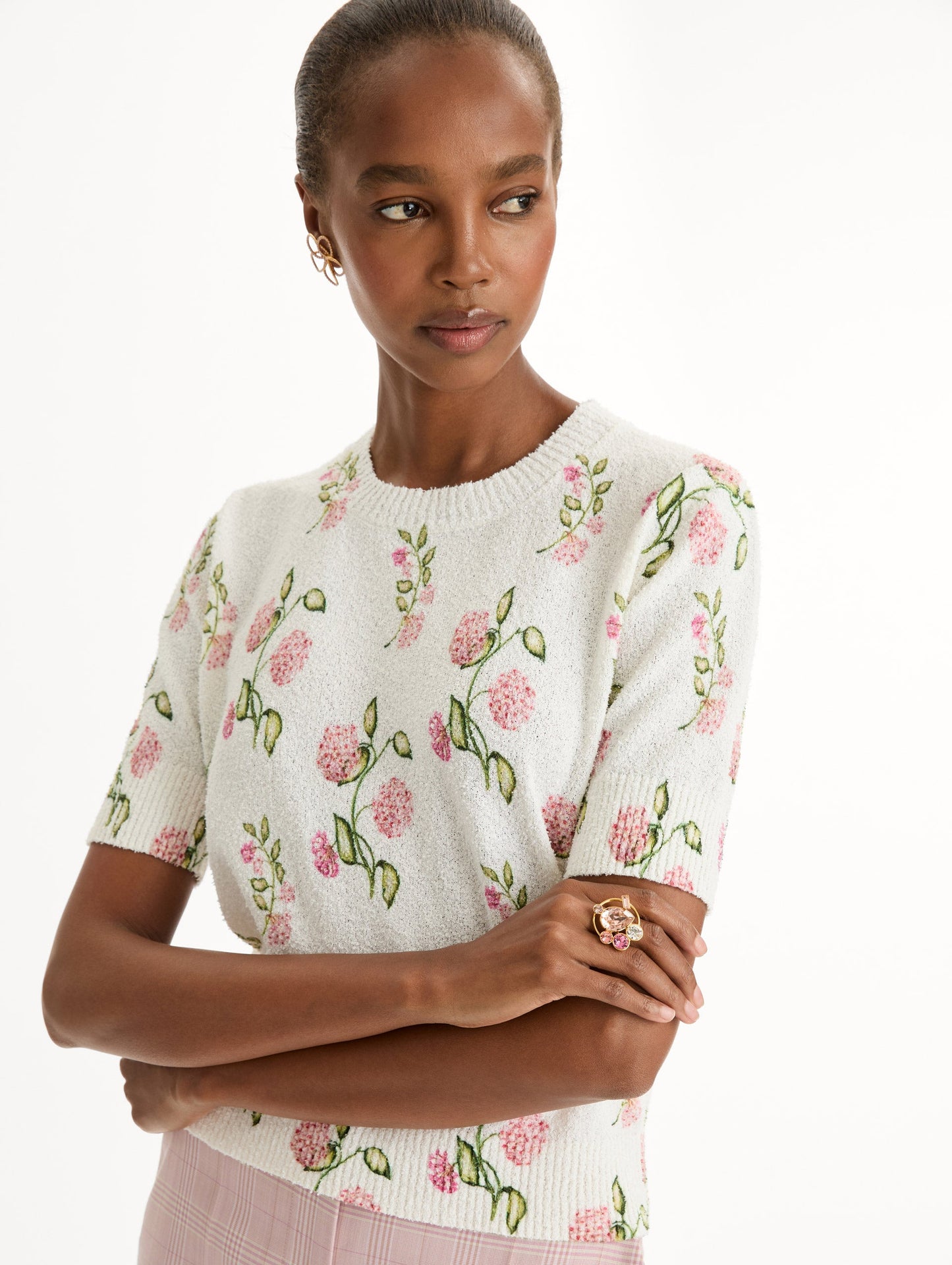Porcelain Flower-Printed Embroidered White, Crew Neck Pullover. Side View.