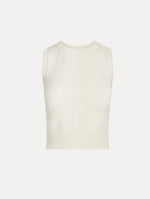 Sleeveless, halter neck, classic knit tank in soft ivory. Front View.