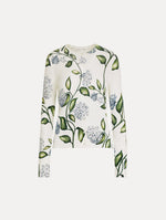 Classic ribbed-knit long sleeve cardigan with Porcelain motif.Crew neckline and banded trim. Front View.