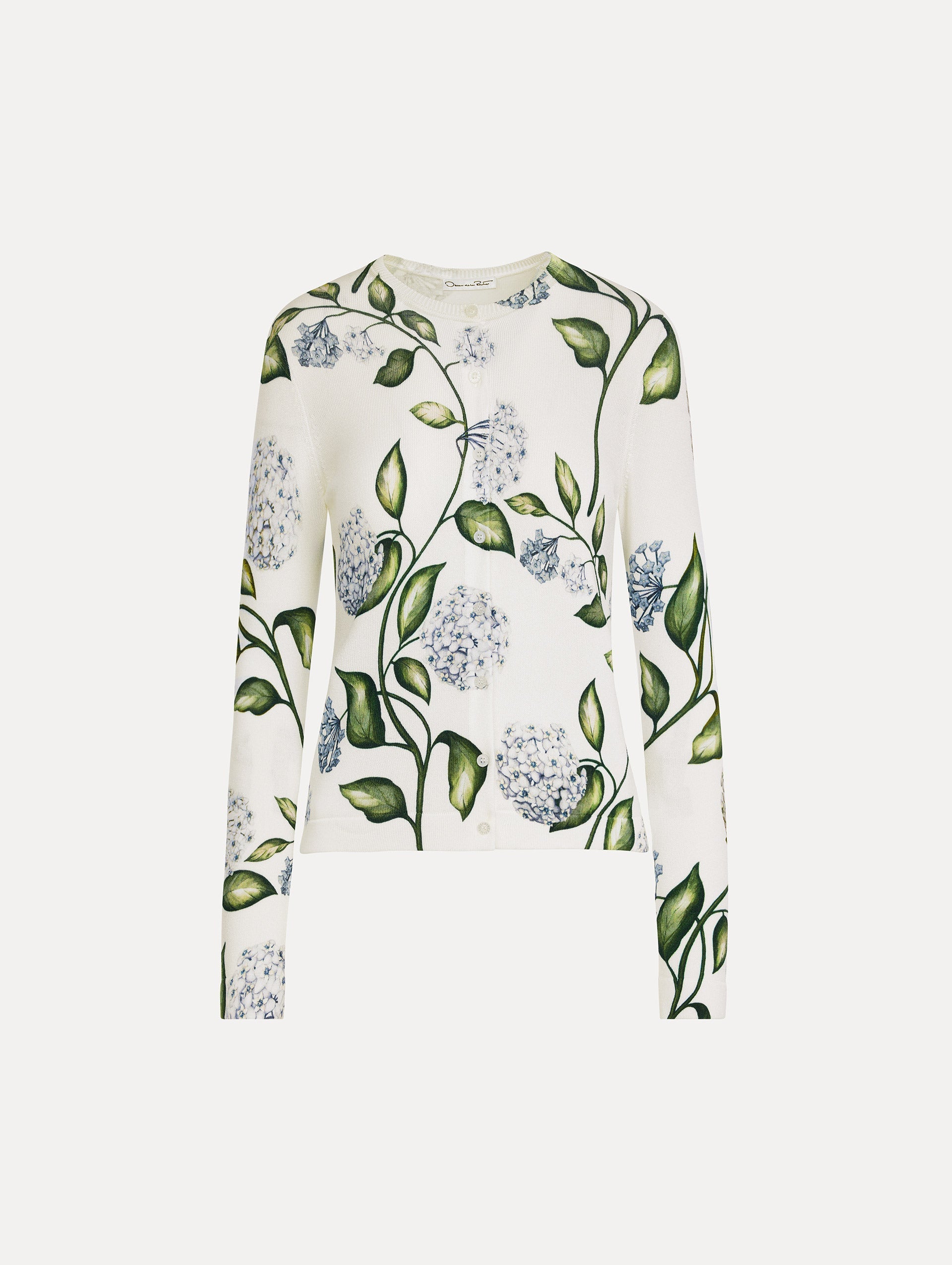 Classic ribbed-knit long sleeve cardigan with Porcelain motif.Crew neckline and banded trim. Front View.