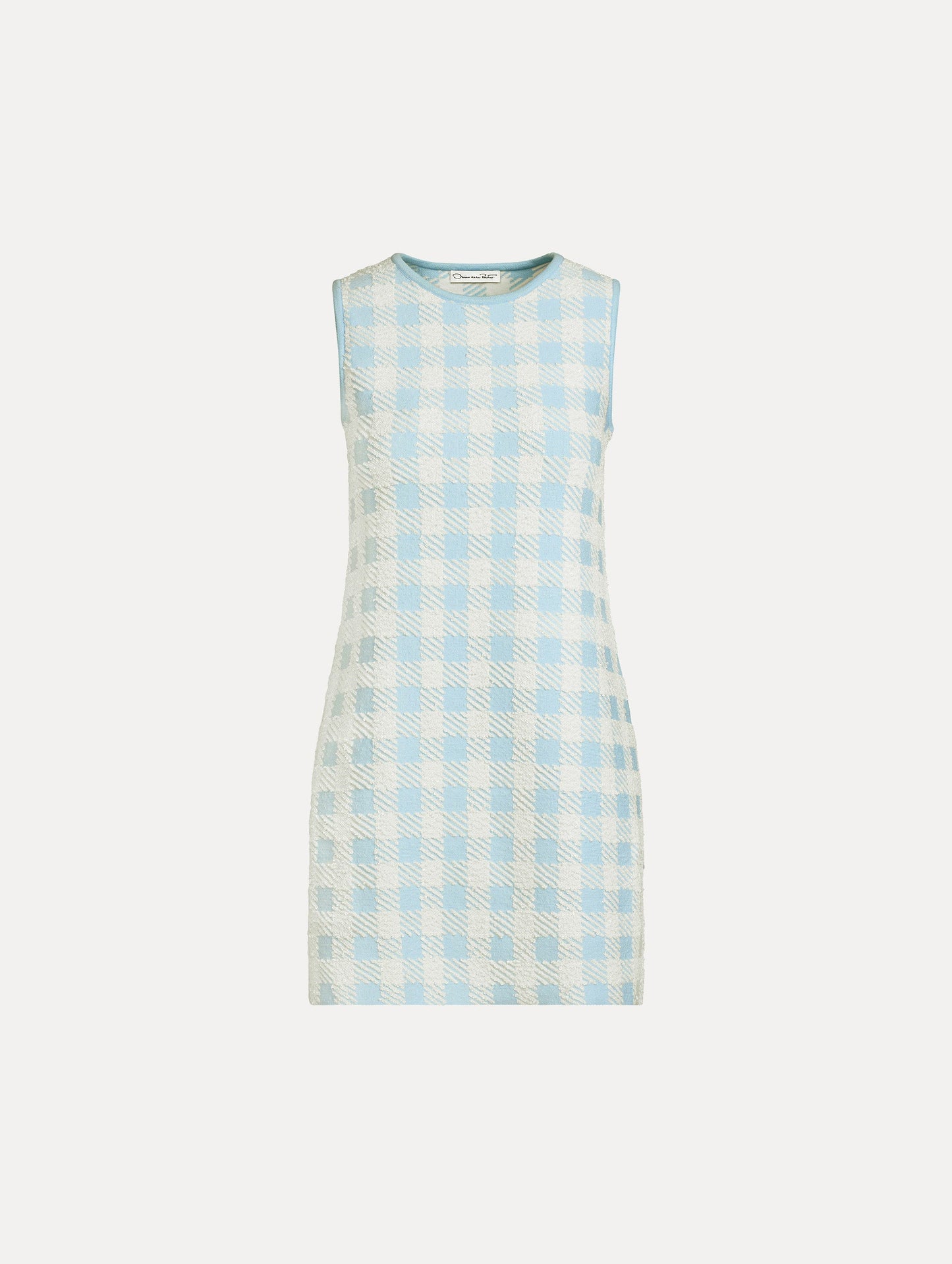 Sleeveless, texture jacquard, halter neck mini dress in Classic gingham pattern in pale blue and ivory. Front View.