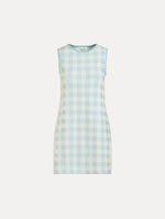 Sleeveless, texture jacquard, halter neck mini dress in Classic gingham pattern in pale blue and ivory. Front View.